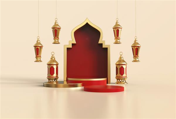 پس زمینه تبریک اسلامی رمضان کریم با اشیاء تزئینی جشن اسلامی سنتی سه بعدی واقعی فانوس صحنه دور تریبون با تزئینات مسجد - رندر سه بعدی