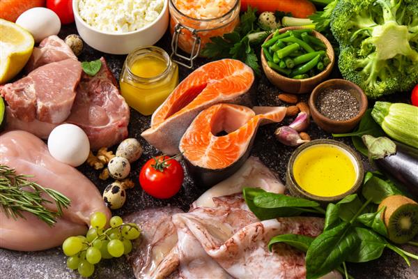 مفهوم رژیم سرخپوشان غذاهای خام پروتئین بالا و محصولات کم کربوهیدرات مواد تشکیل دهنده برای غذای سالم