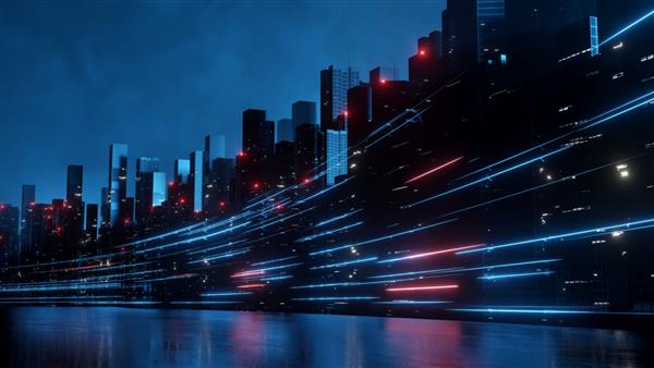 رندر سه بعدی سرعت تار در هایپر لوپ با نور تاری از چراغ های ساختمان ها در مگا شهر در شب مفهوم فناوری نسل بعدی فناوری فین داده های بزرگ شبکه سریع 5G یادگیری ماشینی