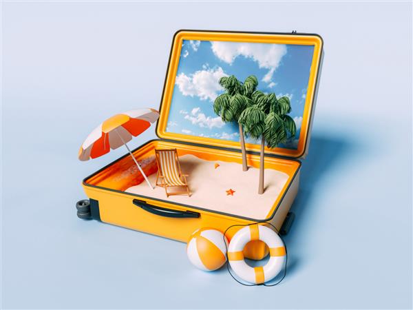 ساحل بهشت در چمدان مسافرتی مفهوم تعطیلات تابستانی تصویر سه بعدی