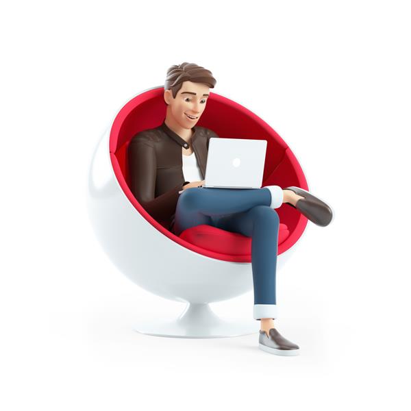 مرد کارتونی سه بعدی نشسته روی صندلی کروی با لپ تاپ تصویر جدا شده در پس زمینه سفید