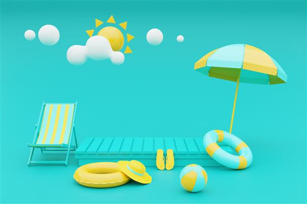 رندر سه بعدی مفهوم تعطیلات تابستانی با صندلی ساحلی چتر و عناصر تابستانی رندر سه بعدی
