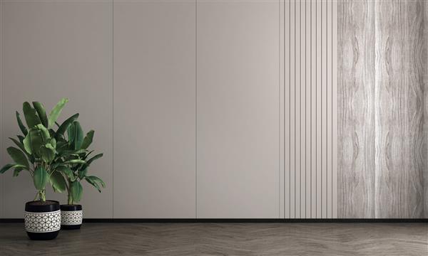 ماکت طراحی داخلی اتاق نشیمن خالی کف چوبی گیاهان جداکننده اتاق خنثی دکوراسیون و لوازم جانبی زیبا دکوراسیون منزل مدرن دیوار چوبی رندر سه بعدی