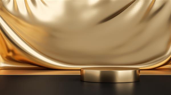 پایه پس‌زمینه محصول طلایی یا پایه سکو روی نمایشگر تبلیغاتی لوکس با پس‌زمینه خالی رندر سه بعدی