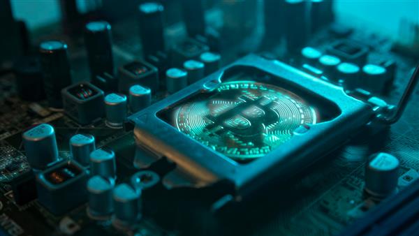 یک سکه بیت کوین طلا با تابش خیره کننده و انعکاس به جای یک پردازنده مرکزی در مادربرد با قطعات الکترونیکی با نور آبی و دود در تاریکی نصب شده است استخراج بیت کوین