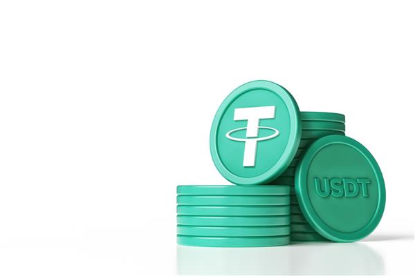 پشته‌های ارزهای دیجیتال با سکه‌هایی که نماد و نشانگر USDT را نشان می‌دهند طرح رنگ سبز و سفید با فضای کپی رندر سه بعدی با کیفیت بالا