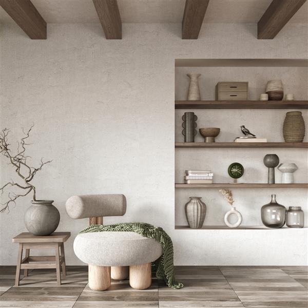 طراحی داخلی مینیمالیستی با قفسه های دیواری و تیرهای چوبی مفهوم وابی سابی رندر سه بعدی