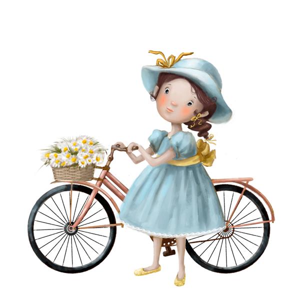 دختر کوچولوی ناز با دوچرخه و گل تصویر به سبک آبرنگ کلیپ‌پارت کودکانه با شخصیت کارتونی مناسب برای طراحی کارت و چاپ