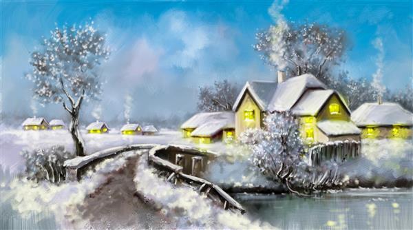 نقاشی دیجیتال رنگ روغن منظره روستایی روستای قدیمی خانه های پری در زمستان هنرهای زیبا آثار هنری