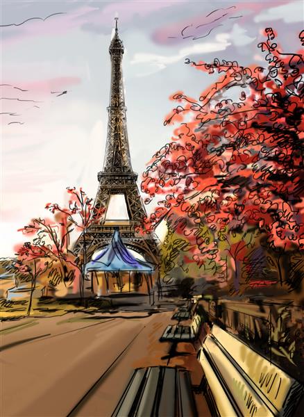 خیابان در پاریس برج ایفل - تصویر