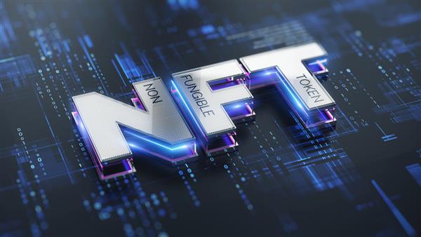 مفهوم توکن های غیرقابل تغییر NFT - کلمه NFT در سطح فناوری انتزاعی رندر سه بعدی