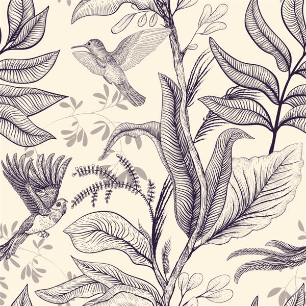 الگوی بدون درز Toile de Jouy با پرندگان و گیاهان کاغذ دیواری سبک گرمسیری پس زمینه تک رنگ طبیعت دکوپاژ قدیمی پروونس کاغذ دیواری ایتالیایی گلدار طراحی به سبک قدیمی
