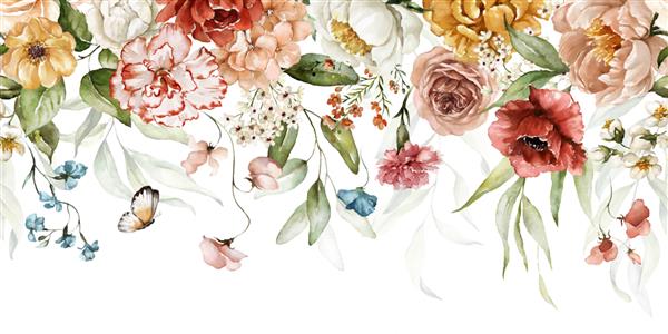 حاشیه دسته گل - برگ های سبز و گل های صورتی رژگونه در زمینه سفید حاشیه بدون درز با آبرنگ تصویرسازی گل الگوی شاخ و برگ
