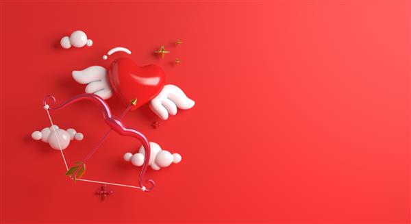 پس زمینه روز ولنتاین مبارک با پیکان کمان بال قلب متن فضای کپی تصویر رندر سه بعدی