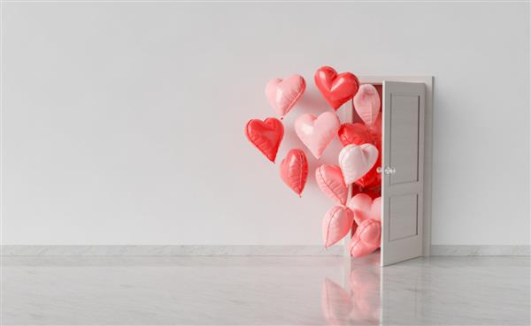 اتاق با در باز و بالن های قلبی شکل که وارد می شوند مفهوم ورود ولنتاین هدایا عشق ازدواج و رمانتیک رندر سه بعدی
