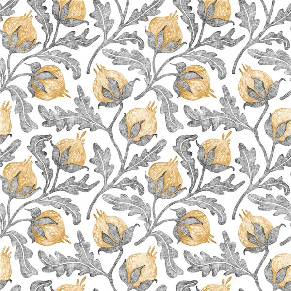 الگوی وینتیج گل بدون درز طراحی شاخه های گل فانتزی با مداد روی کاغذ چاپ برای منسوجات دکوراسیون منزل بالش تصویر زیبا