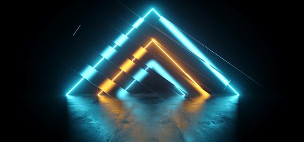 مثلث های علمی تخیلی آینده نئون سایبری نورهای لیزری زرد آبی درخشان در پشت پانل های شیشه ای مات شده در تاریک گرانج سیمانی سیمانی راهرو تونل زیرزمینی استودیو آشیانه رندر تصویری سه بعدی