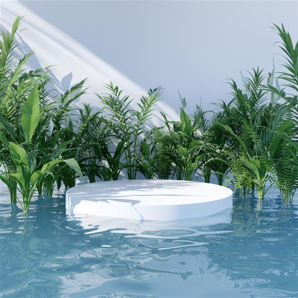 آب لاجوردی با پایه محصول گیاهان سبز تزئینی الگوی سایه روشن تصویر سه بعدی رندر