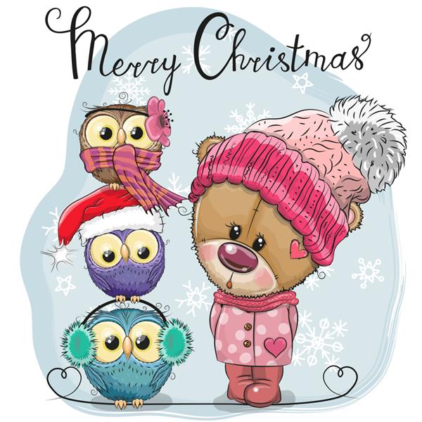 کارت تبریک کریسمس کارتونی زیبا خرس عروسکی و سه جغد