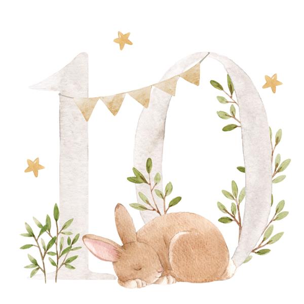 تصویر استوک زیبا با نقاشی دستی آبرنگ شماره 10 و حیوان خرگوش خوابیده زیبا برای کلیپ هنری کودک ده ماه سال