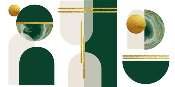 هنر دیوار مینیمالیستی انتزاعی در رنگ های بژ سبز طلایی سبک خط ساده اشکال هندسی طلایی دایره ها الگوی مرمر خلاقانه مدرن