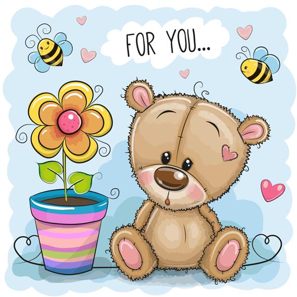 کارت تبریک خرس با گل در زمینه آبی