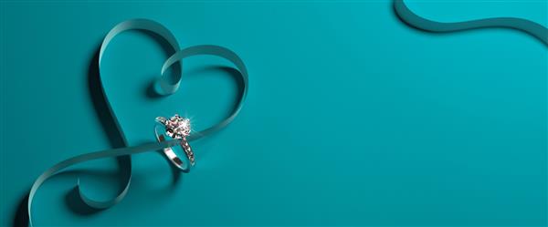 2 حلقه نامزدی طلای سفید با الماس و یک روبان قلبی شکل در زمینه فیروزه ای آبی تیفانی پس زمینه جواهرات عروسی عاشقانه تصویر رندر سه بعدی
