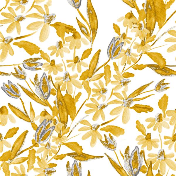 الگوی بدون درز آبرنگ با دسته گل های بهاری تصویر گیاه شناسی قدیمی دکوراسیون شیک برای هر نوع طراحی چاپ مد با گل های انتزاعی رنگارنگ بافت آبرنگ