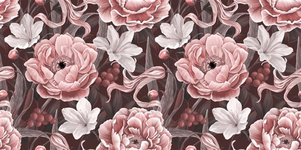 الگوی بدون درز پرآذین با گل صد تومانی جوانه برگ پیشینه گیاه شناسی کاغذ دیواری با گل های سرسبز بهاری نقاشی سه بعدی با دست کشیده شده برای پارچه لباس کالا