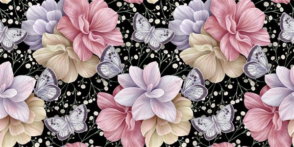 پس زمینه ادریسی الگوی بدون درز گل دسته گل های باغچه ای ظریف ژیپسوفیلا پروانه ها تصویر سه بعدی آبرنگ هنر استوایی بافت کاغذ دیواری لوکس پارچه دیواری کاغذ