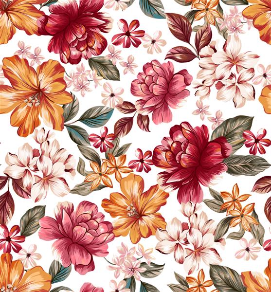 الگوی بدون درز گل و برگ بافت تصویر رنگارنگ پارچه هیبیسکوس گل صد تومانی ارکیده عناصر دسته گل کوچک و برگ های زیبا در زمینه سفید