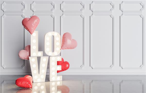 کلمه عشق با لامپ در اتاقی با بادکنک های قلبی شکل مفهوم عشق ولنتاین ازدواج و رمانتیسم رندر سه بعدی