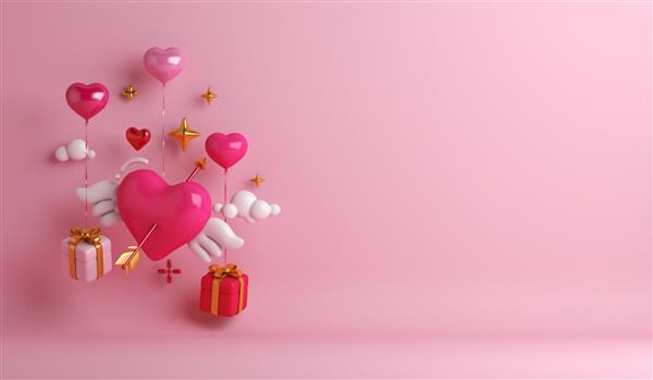 پس زمینه روز ولنتاین مبارک با جعبه هدیه فلش بال شکل قلب متن فضای کپی تصویر رندر سه بعدی