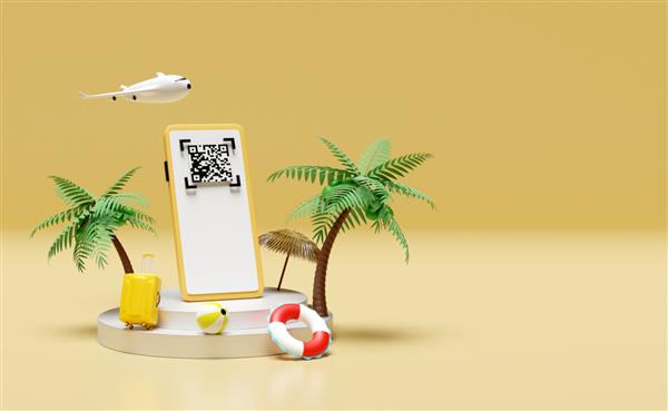 تلفن همراه گوشی هوشمند با سکوی صحنه درخت نخل اسکن کد qr هواپیما چمدان ایزوله شده روی زرد خرید آنلاین مفهوم تعطیلات سفر تابستانی تصویر سه بعدی رندر سه بعدی