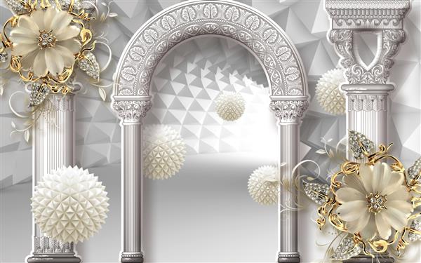 کاغذ دیواری سه بعدی با پس زمینه طرح تونل گل طلایی و توپ و ستون