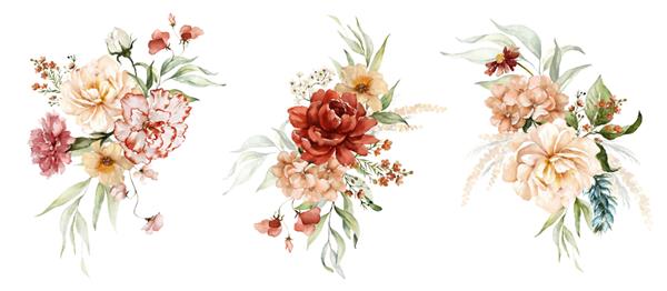مجموعه تصویرسازی دسته گل آبرنگ - رژگونه صورتی آبی زرد گل برگ سبز شاخه های دسته گل ثابت عروسی تبریک والپیپر مد پس زمینه