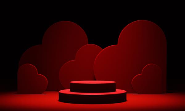 پایه سکوی روز ولنتاین با قلب های قرمز در پس زمینه ماکت نمایش محصولات لوکس مرحله رندر سه بعدی با صحنه آهنگسازی عشق