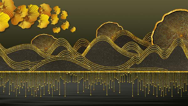 تصویر زمینه دیواری سه بعدی انتزاعی خطوط طلایی و کوه های قهوه ای تیره و برگ های چینی طلایی برای دکوراسیون دیوار خانه