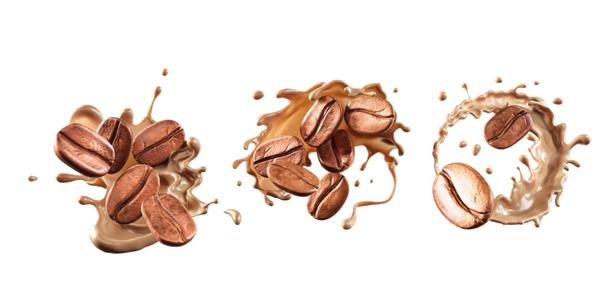 مجموعه ای از آیکون پاشیدن قهوه شیر با دانه های قهوه در حال افتادن تصویر سه بعدی