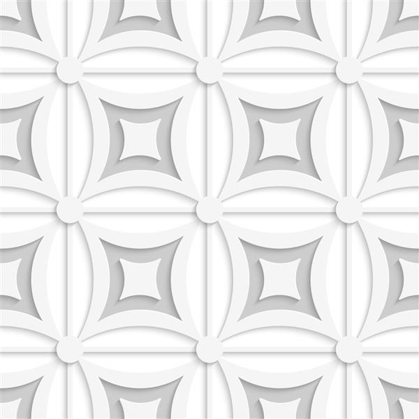 پس زمینه سه بعدی بدون درز انتزاعی الگوی هندسی سفید و خاکستری با مربع و جلوه کاغذ بریده شده