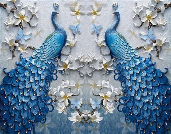 کاغذ دیواری سه بعدی نقاشی رنگ روغن شاخه درخت با گل نقاشی رنگ روغن دو طاووس با پروانه های کوچک و بزرگ