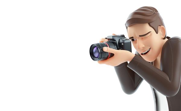 مرد کارتونی سه بعدی که با دوربین عکس می گیرد تصویر جدا شده در پس زمینه سفید