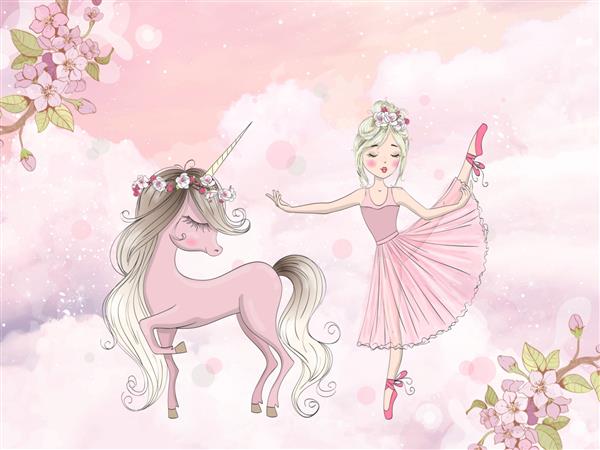 عکس دختری با تک شاخ پس زمینه صورتی ابرها گل ها پروانه ها بالرین اسب شاخدار قلعه شاهزاده خانم رنگین کمان