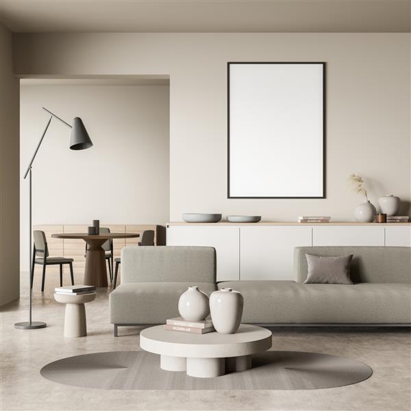 فضای داخلی اتاق نشیمن روشن با پوستر سفید خالی مبل سه صندلی میز قهوه لامپ و کف بتونی مفهوم طراحی مینیمالیستی برای آرامش و ملاقات مدل آزمایشگاهی ماکت رندر سه بعدی