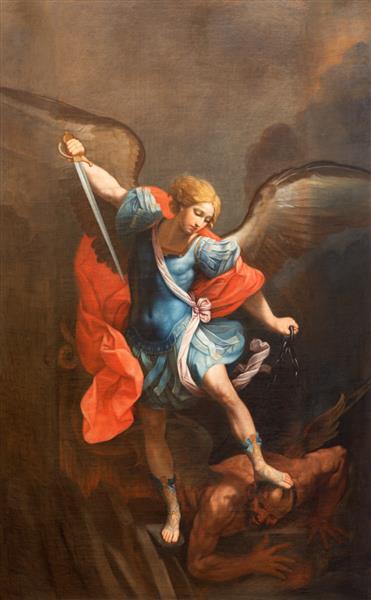 رم ایتالیا - 29 آگوست 2021 نقاشی مایکل فرشته در کلیسای Chiesa di San Francesco a Ripa پس از Guido Reni توسط کارلو سیگانی 1628-1719