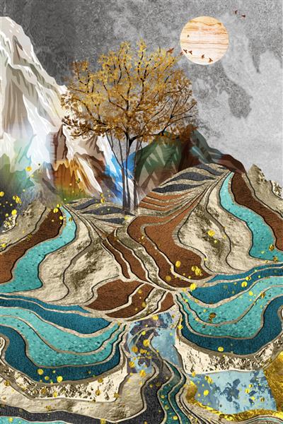 تصویرسازی تصاویر سه بعدی از صحنه های طبیعی مزارع درختان کوه ها 