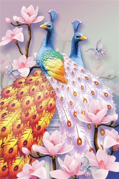 والپیپر سه بعدی پس زمینه گل گل و طاووس تصویر سه بعدی