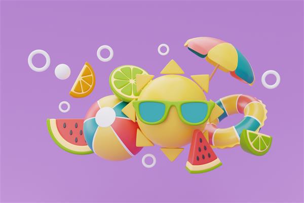 مفهوم زمان تابستانی خورشید با عینک آفتابی و عناصر ساحلی رنگارنگ تابستانی در پس زمینه بنفش رندر سه بعدی