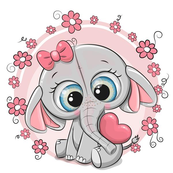 کارت پستال کارتونی زیبا دختر فیل با قلب و گل
