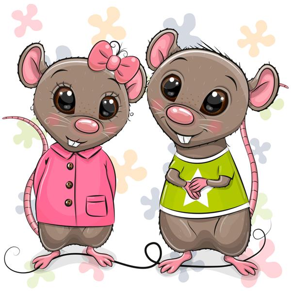 دو موش کارتونی زیبا روی پس‌زمینه گل